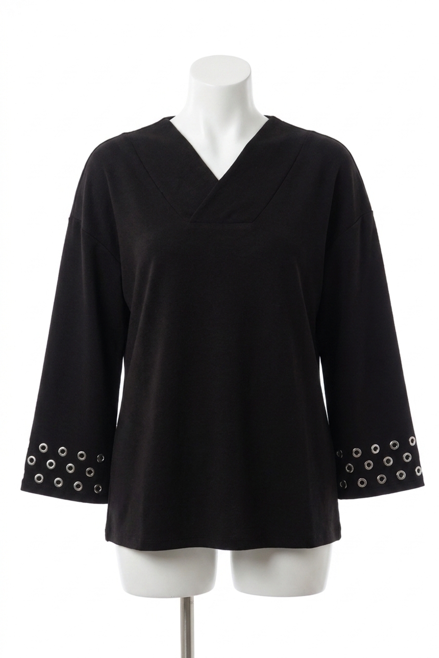 NEW JOSEPH RIBKOFF grommet detail 3/4 sleeve top in black